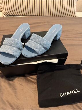 CHANEL Denim Block Heel Mules
